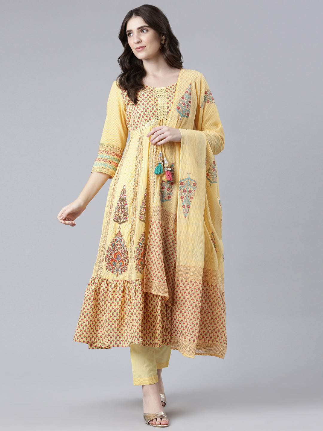 Neeru's Yellow Regular Flared Printed Kurta And Trousers With Dupatta