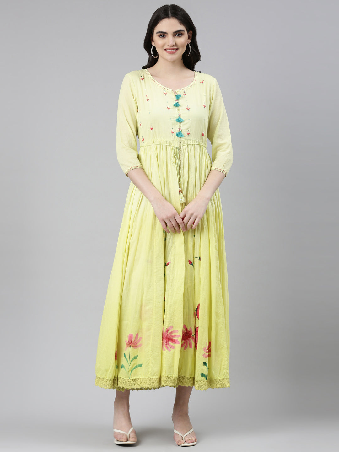 Neeru's Yellow Straight Casual Printed Dress