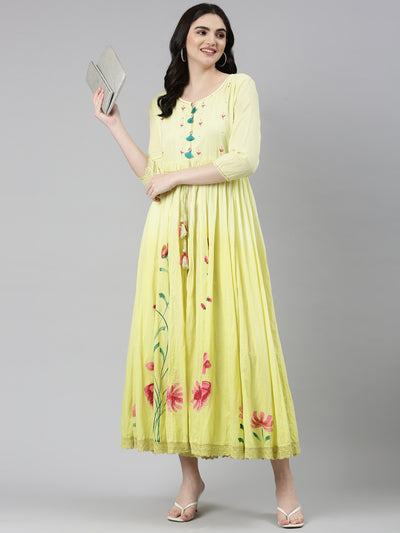 Neeru's Yellow Straight Casual Printed Dress