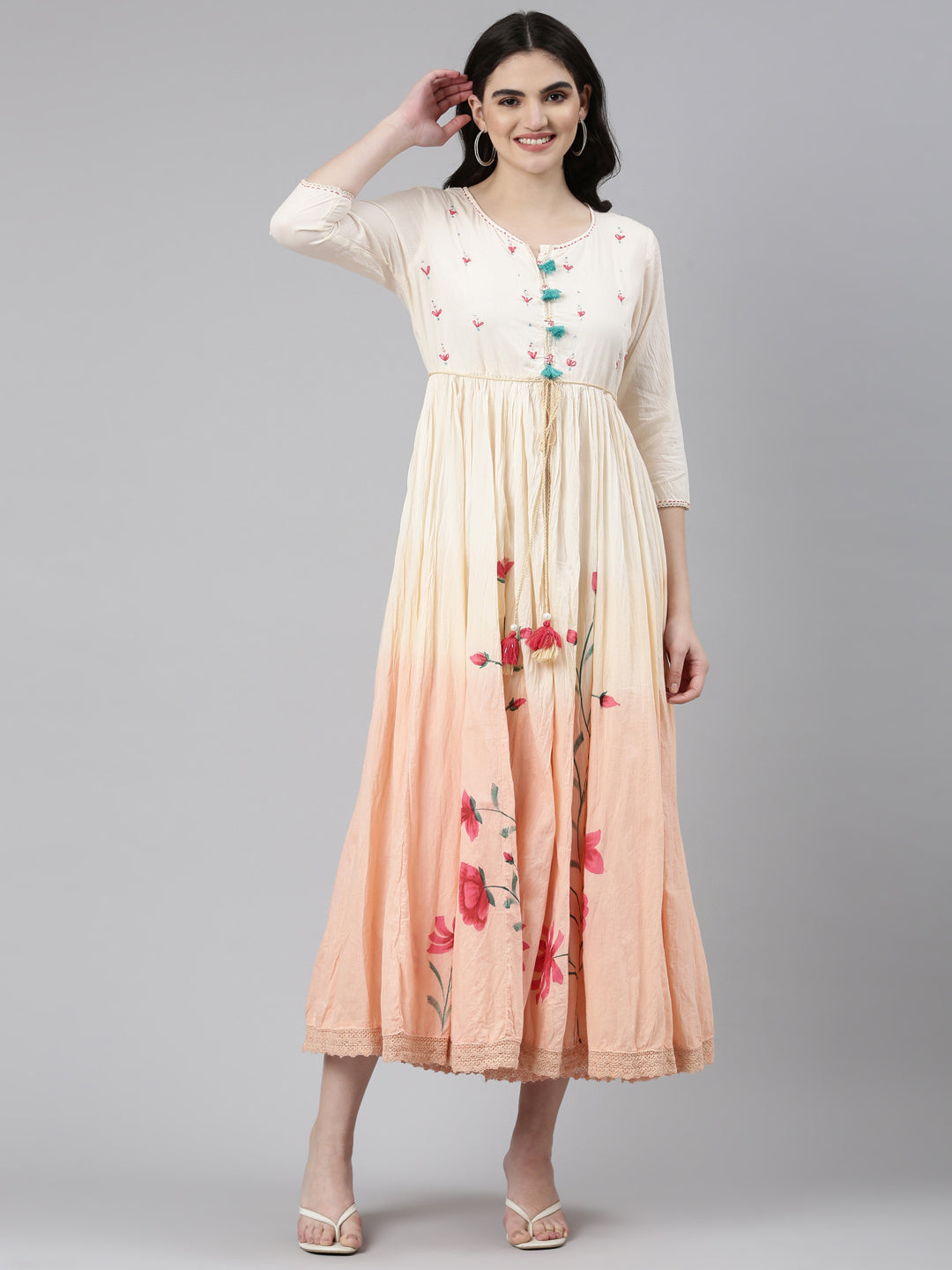 Neeru's Peach Straight Casual Printed Gown