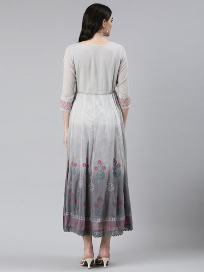 Neeru's Grey Straight Casual Printed Dress