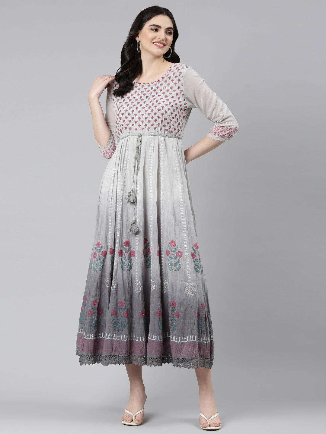 Neeru's Grey Straight Casual Printed Dress