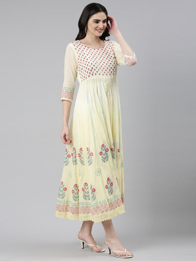 Neeru's Yellow Straight Casual Printed Dress