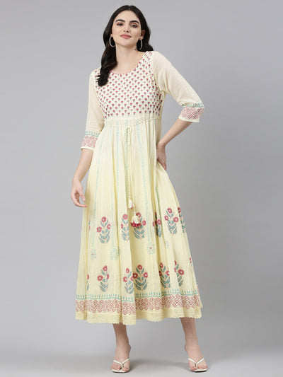 Neeru's Yellow Straight Casual Printed Dress