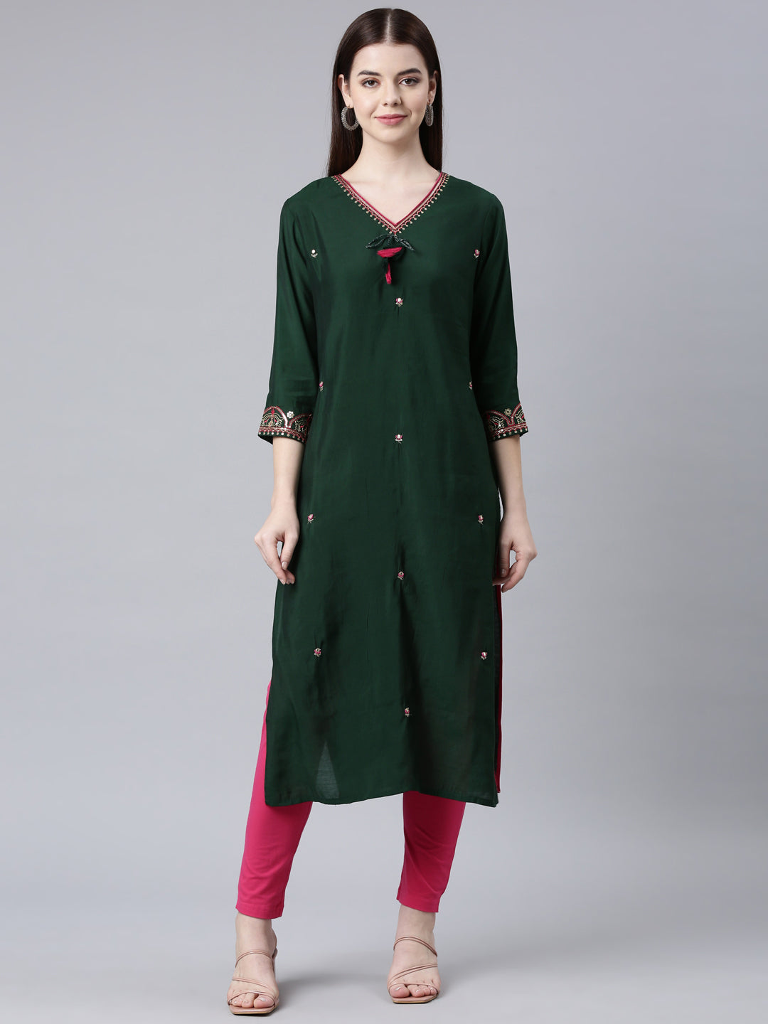 Neerus Green Straight Casual Embellished Straight Kurtas