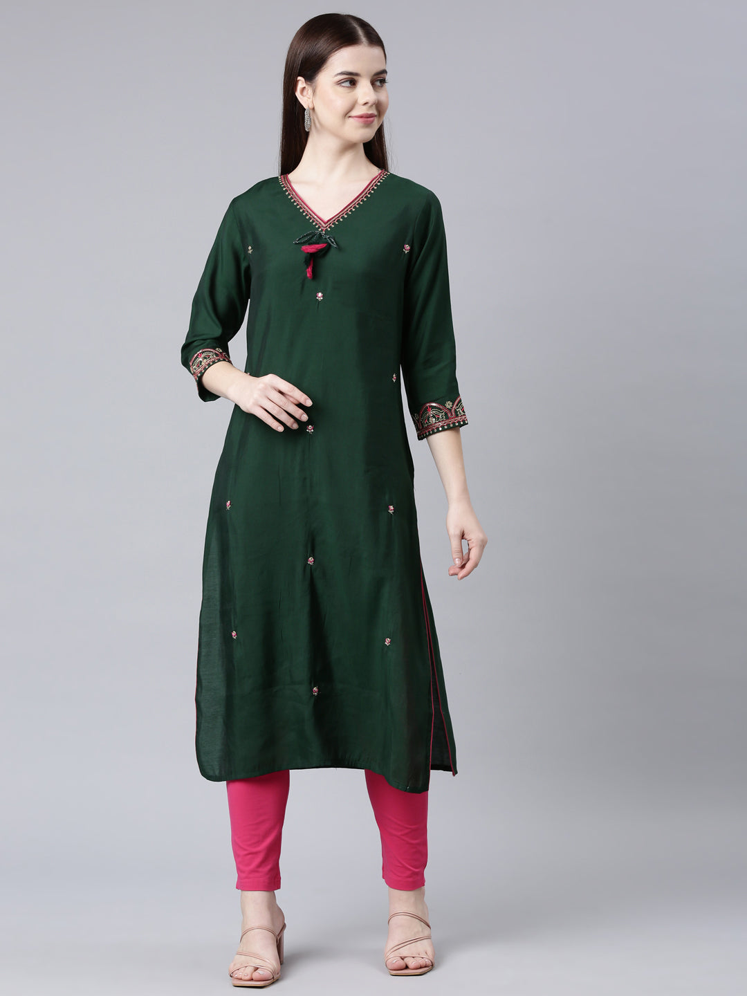 Neerus Green Straight Casual Embellished Straight Kurtas