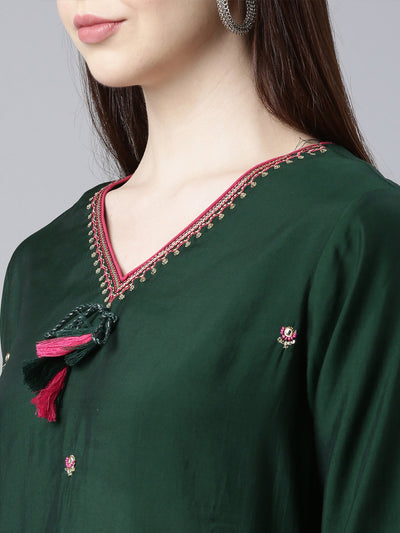 Neerus Green Straight Casual Embellished Straight Kurtas