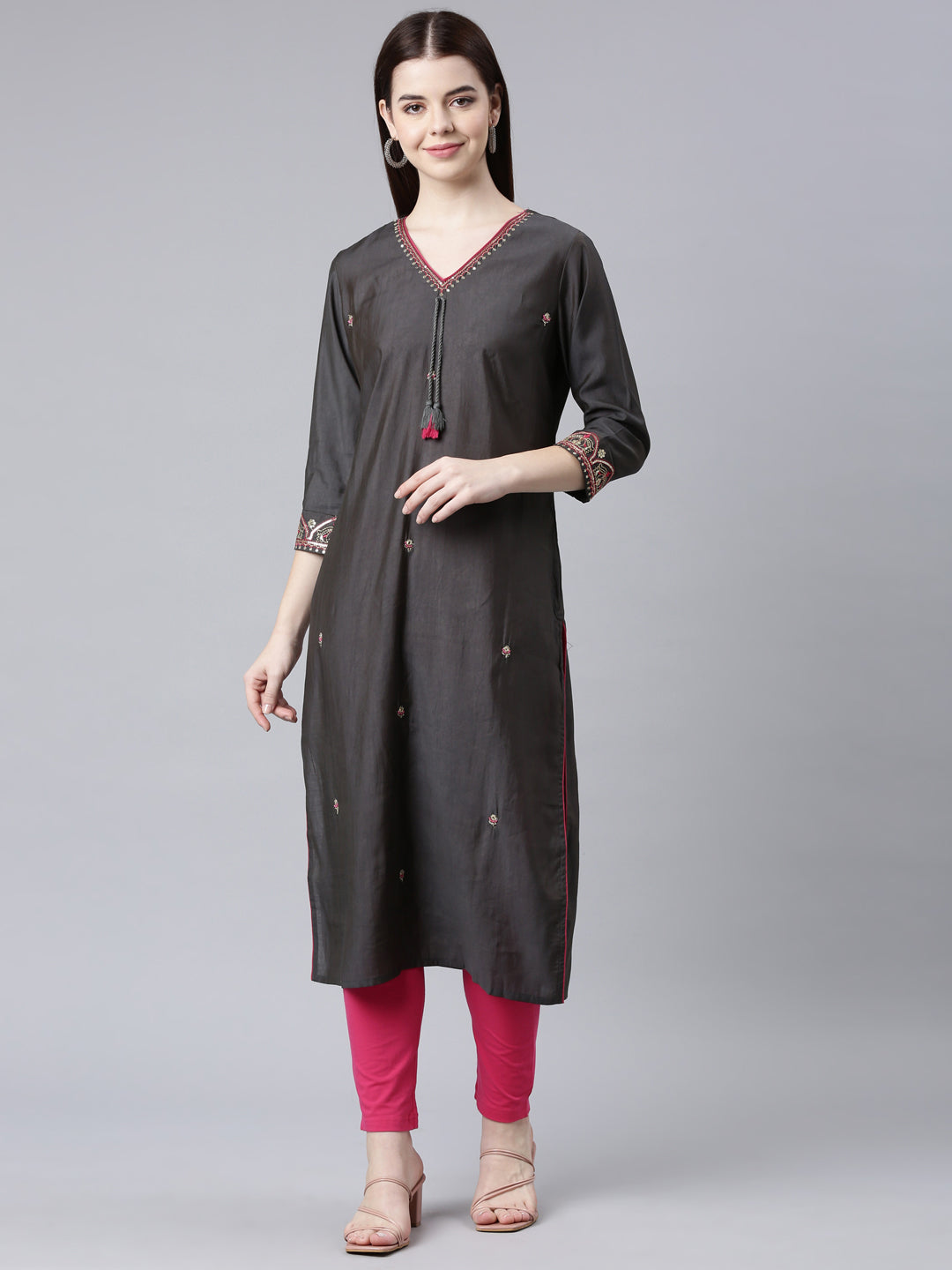 Neerus Grey Straight Casual Embellished Straight Kurtas