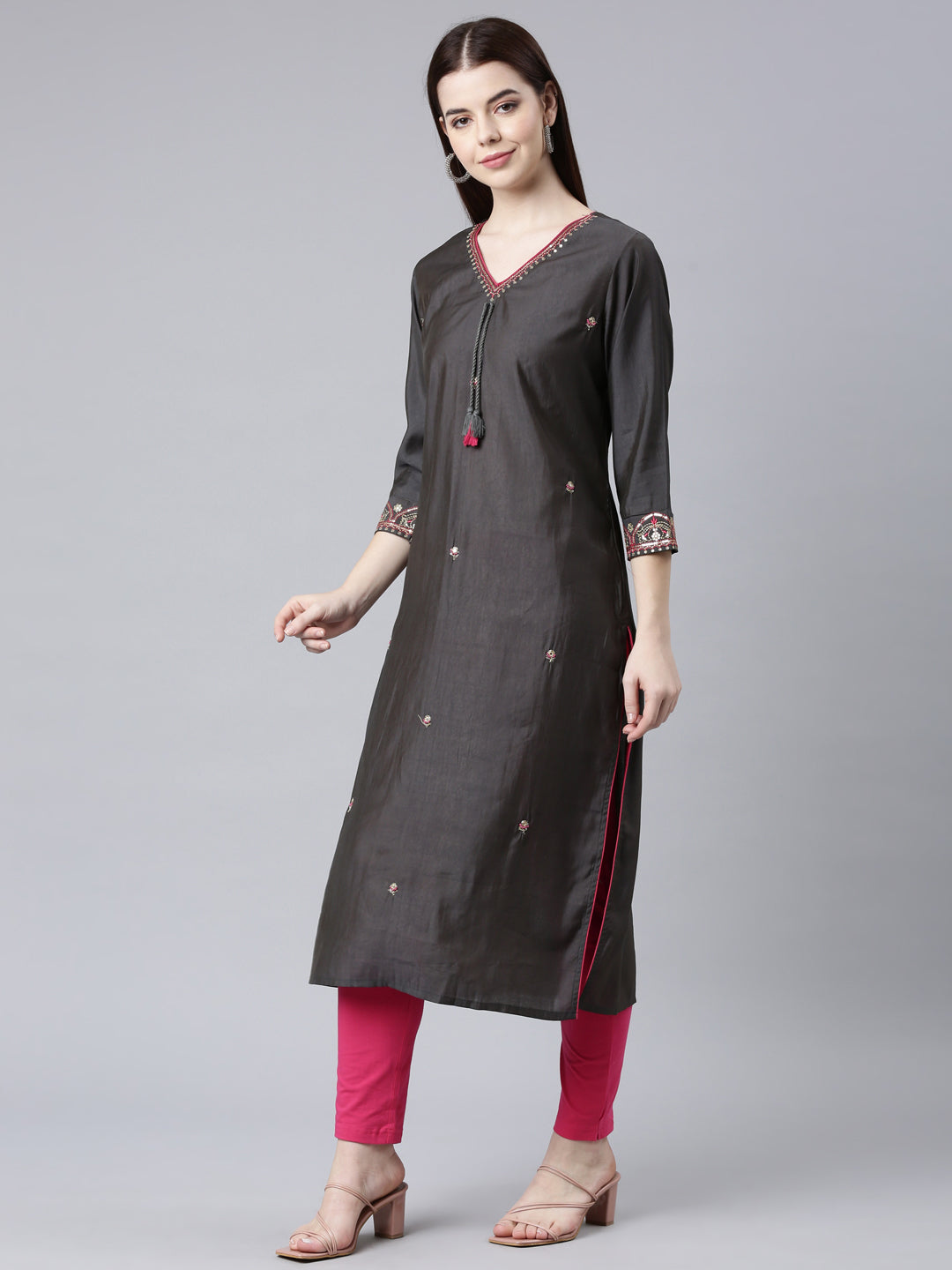 Neerus Grey Straight Casual Embellished Straight Kurtas