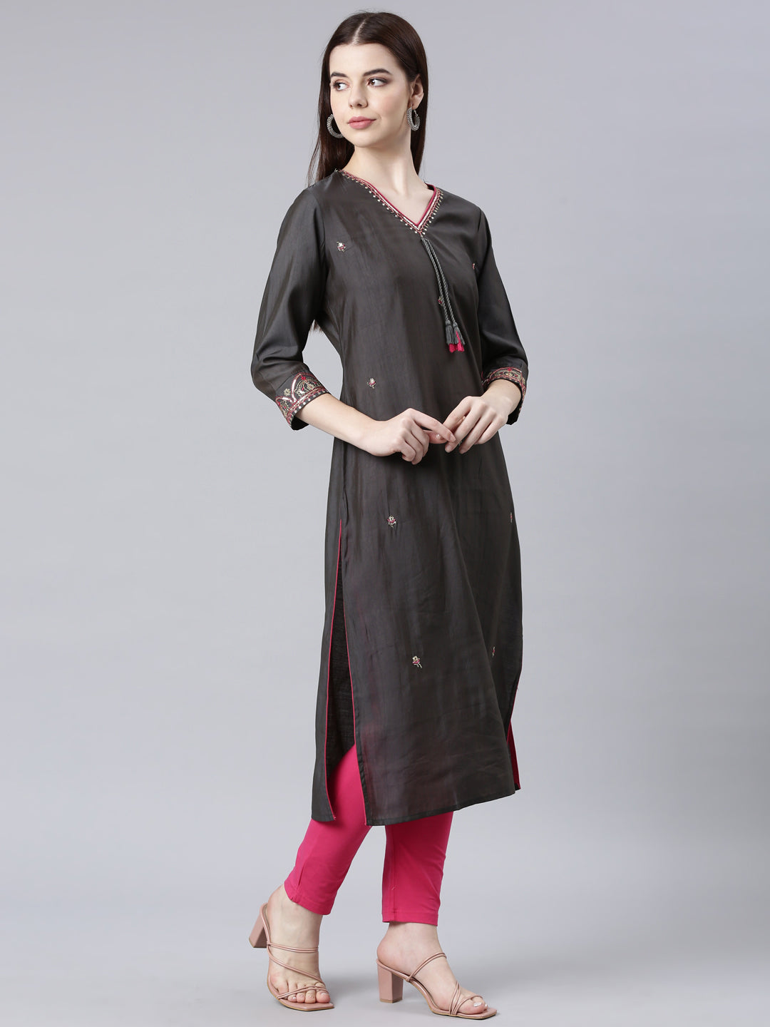 Neerus Grey Straight Casual Embellished Straight Kurtas