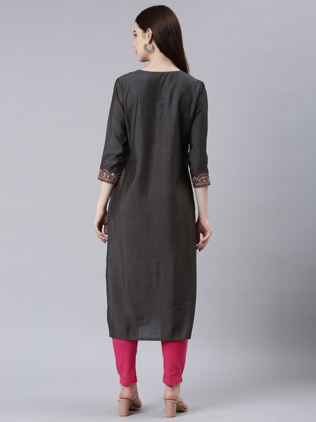 Neerus Grey Straight Casual Embellished Straight Kurtas