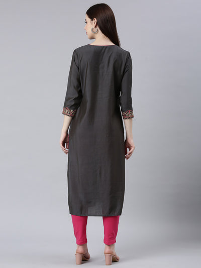 Neerus Grey Straight Casual Embellished Straight Kurtas