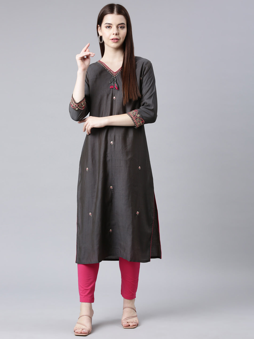 Neerus Grey Straight Casual Embellished Straight Kurtas