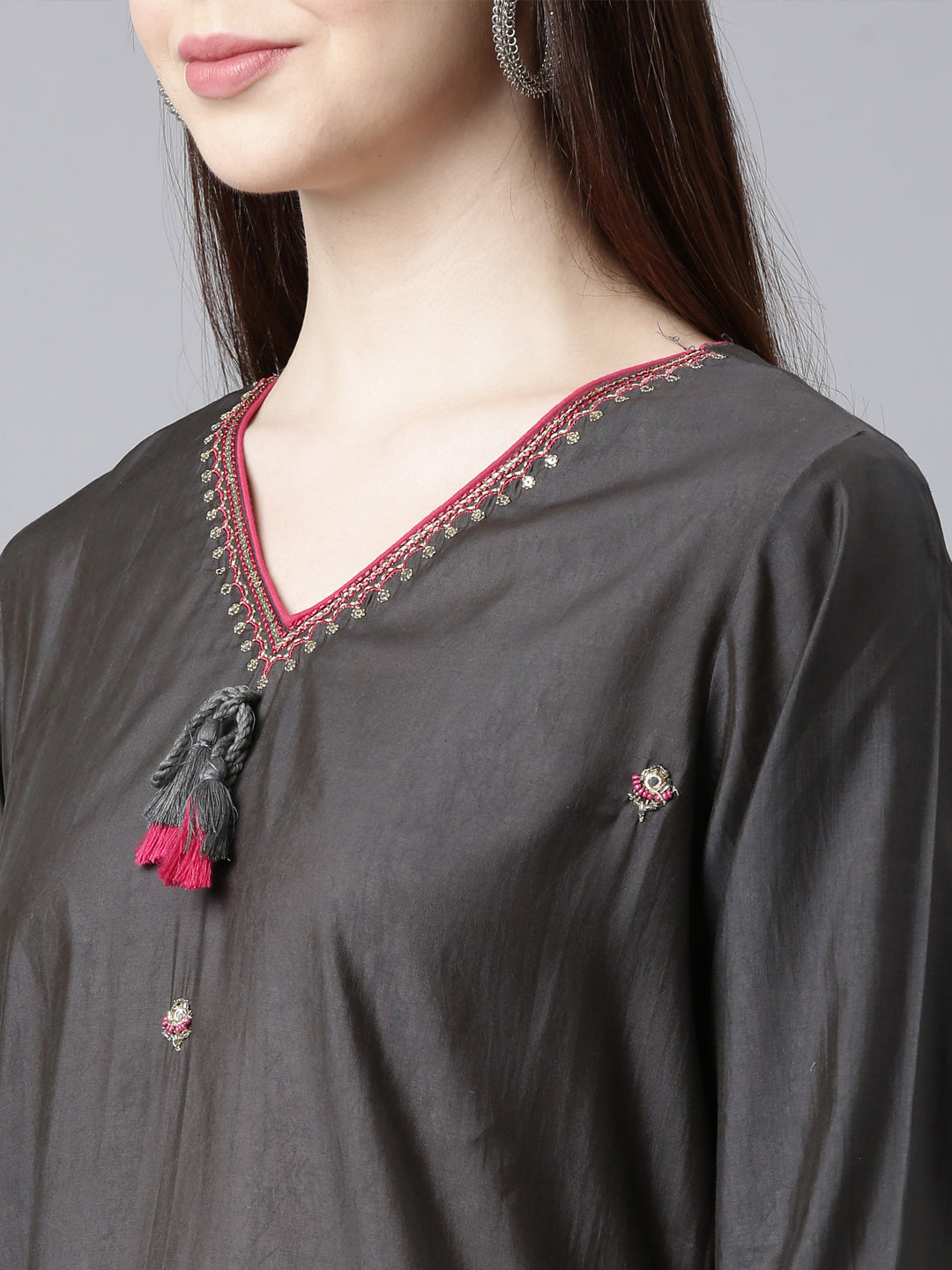 Neerus Grey Straight Casual Embellished Straight Kurtas