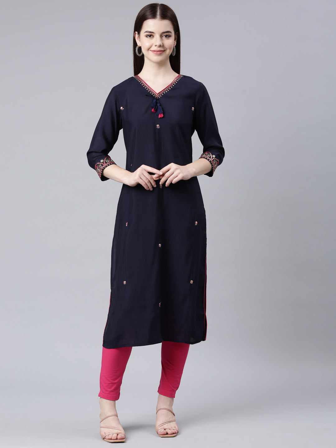 Neerus Blue Straight Casual Embellished Straight Kurtas