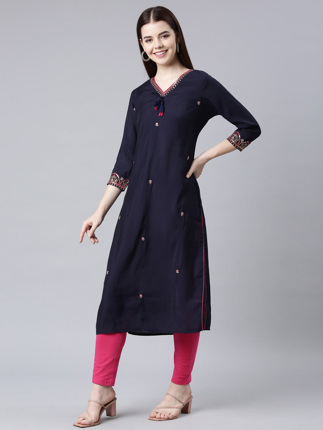 Neerus Blue Straight Casual Embellished Straight Kurtas