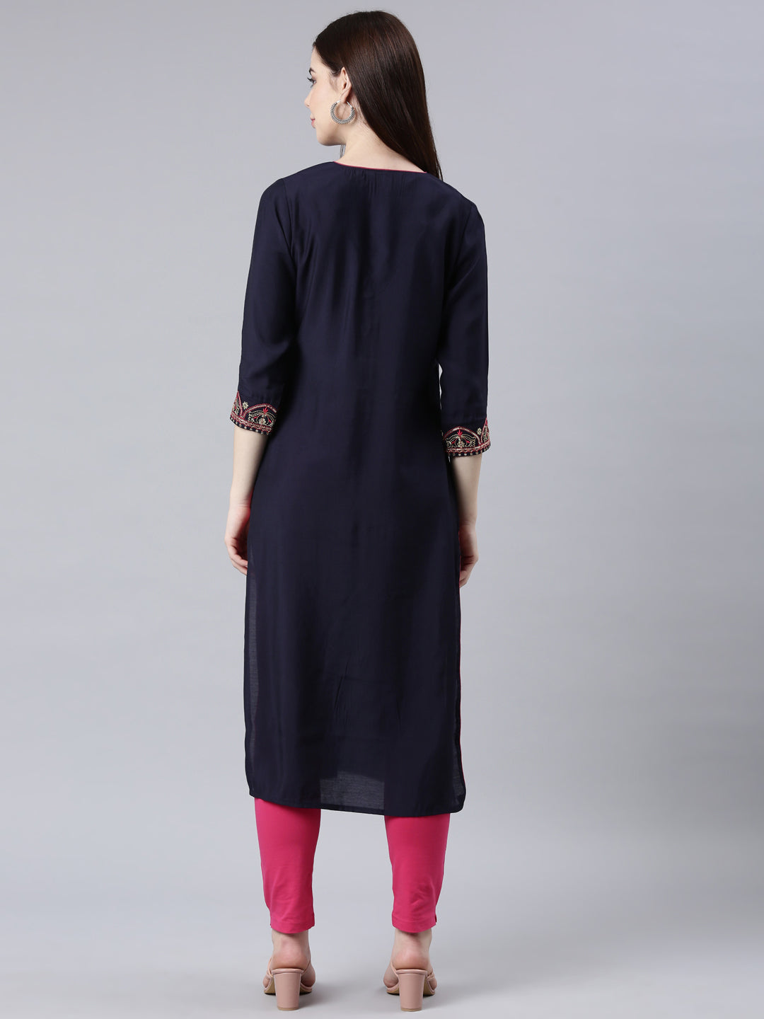 Neerus Blue Straight Casual Embellished Straight Kurtas