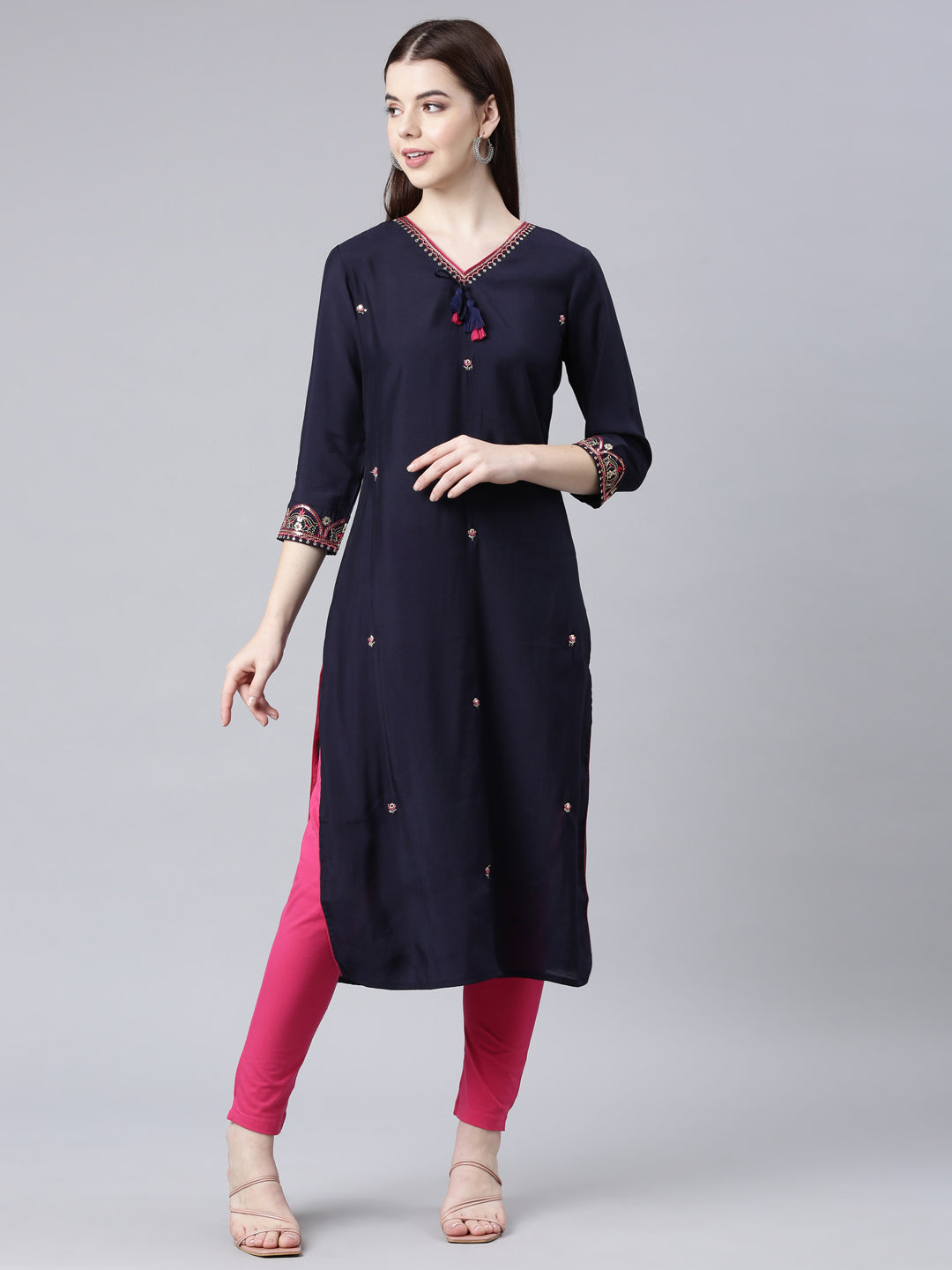 Neerus Blue Straight Casual Embellished Straight Kurtas