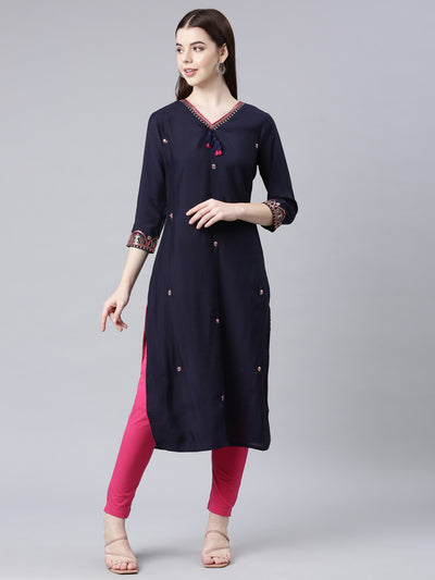 Neerus Blue Straight Casual Embellished Straight Kurtas