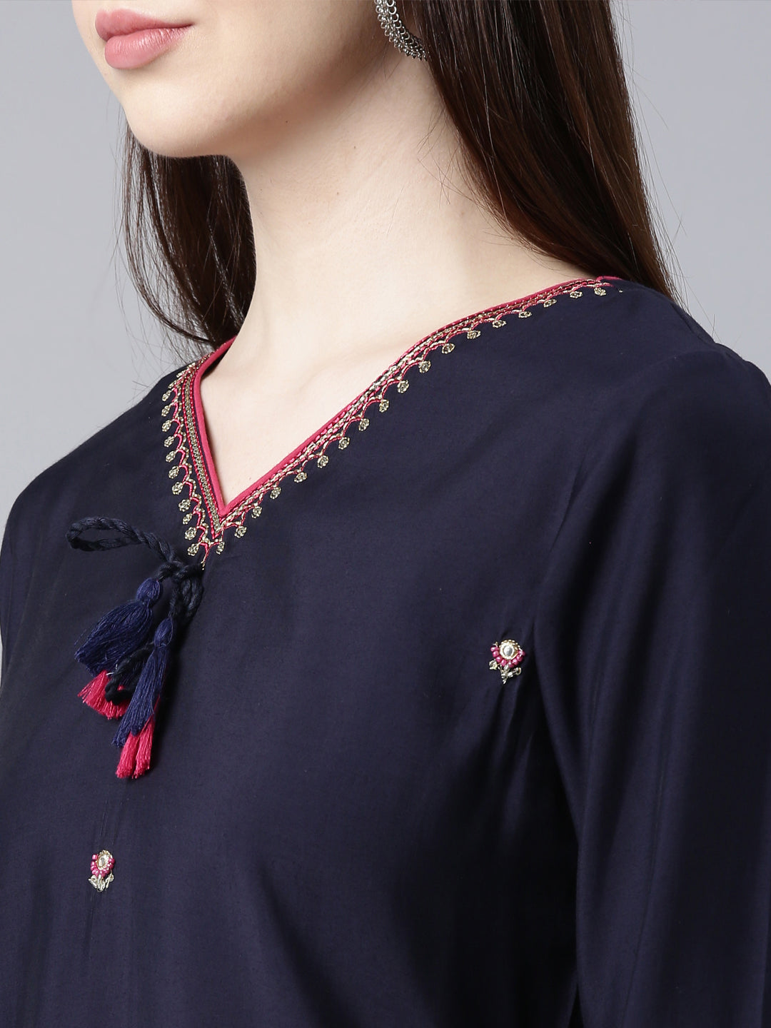 Neerus Blue Straight Casual Embellished Straight Kurtas