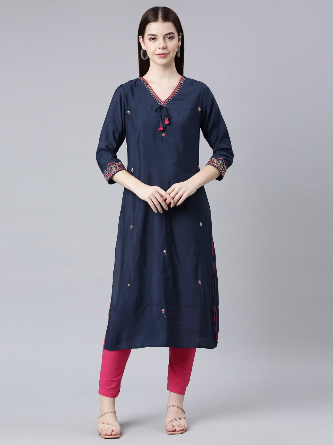 Neerus Blue Straight Casual Embellished Straight Kurtas