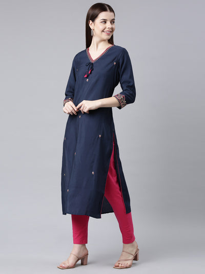 Neerus Blue Straight Casual Embellished Straight Kurtas