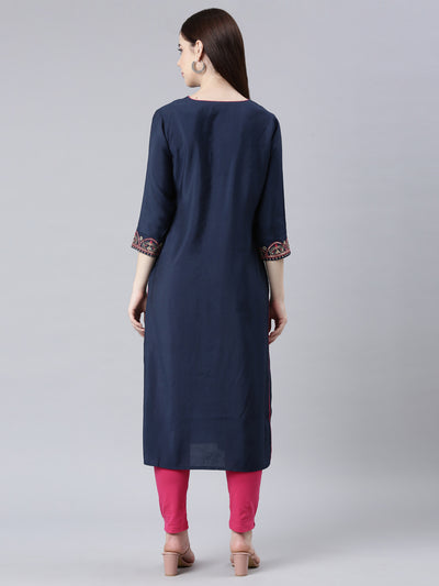 Neerus Blue Straight Casual Embellished Straight Kurtas