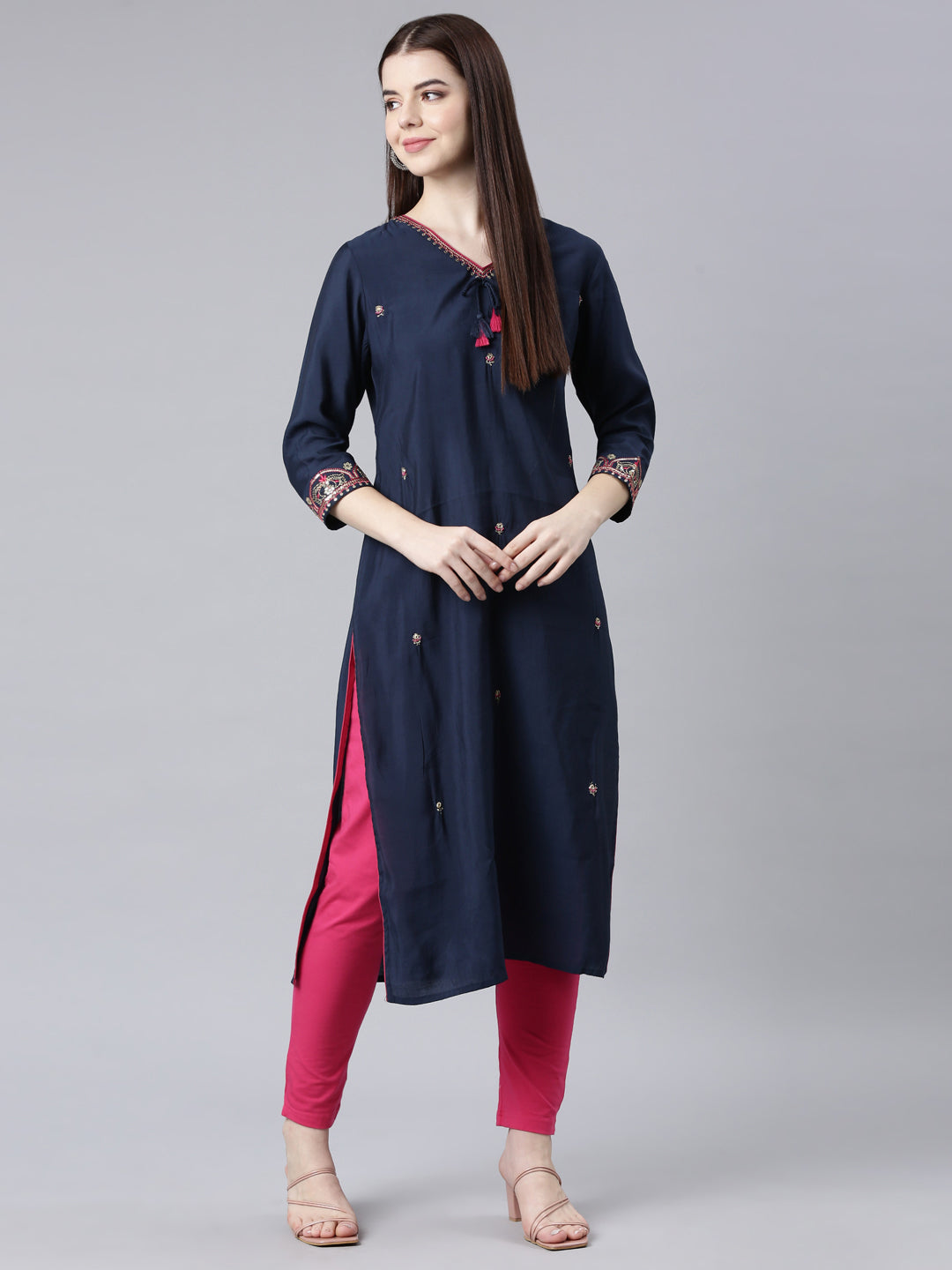 Neerus Blue Straight Casual Embellished Straight Kurtas