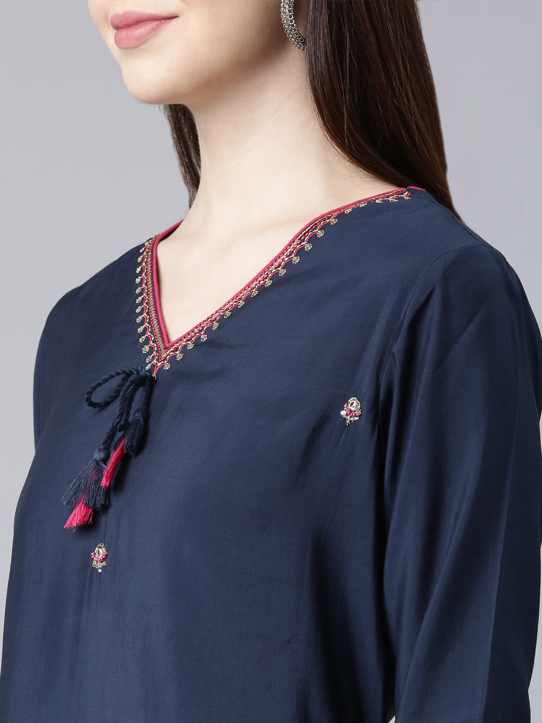 Neerus Blue Straight Casual Embellished Straight Kurtas