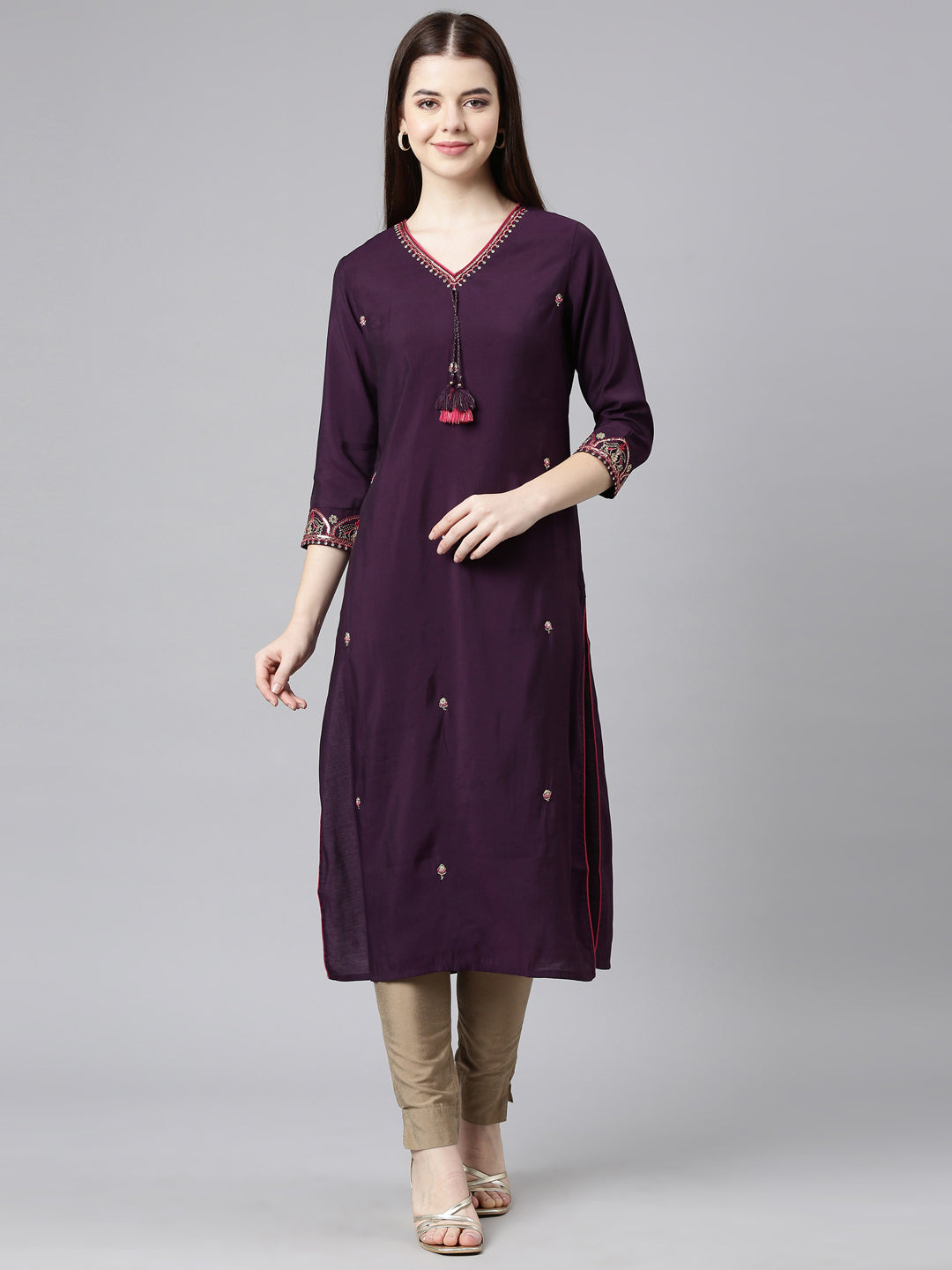 Neerus Purple Straight Casual Embellished Straight Kurtas