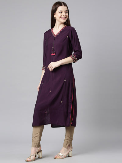 Neerus Purple Straight Casual Embellished Straight Kurtas