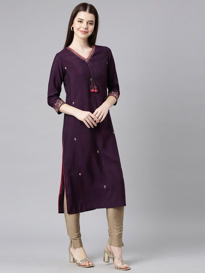 Neerus Purple Straight Casual Embellished Straight Kurtas