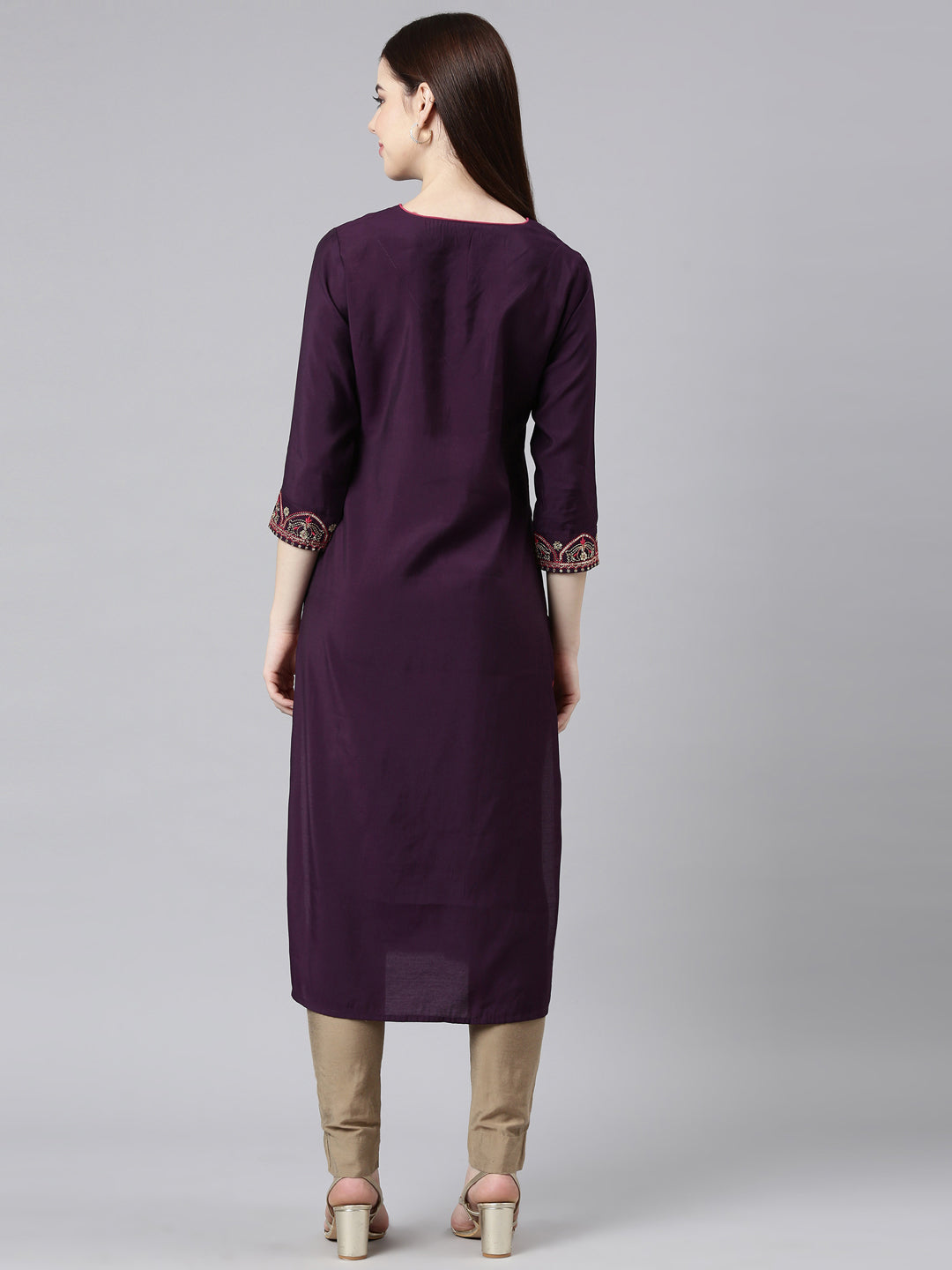 Neerus Purple Straight Casual Embellished Straight Kurtas