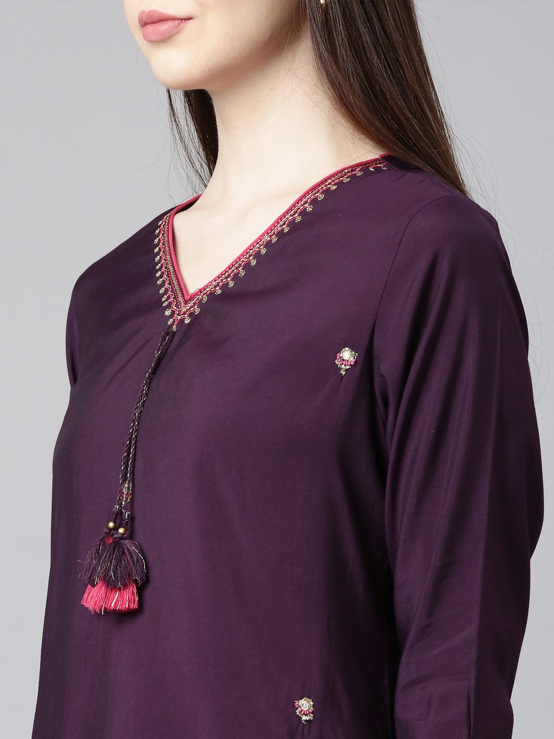 Neerus Purple Straight Casual Embellished Straight Kurtas