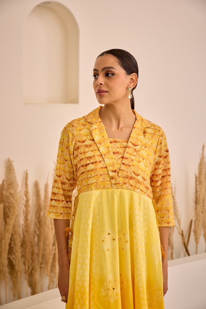 Neerus Lemon Curved Embroidered Dress