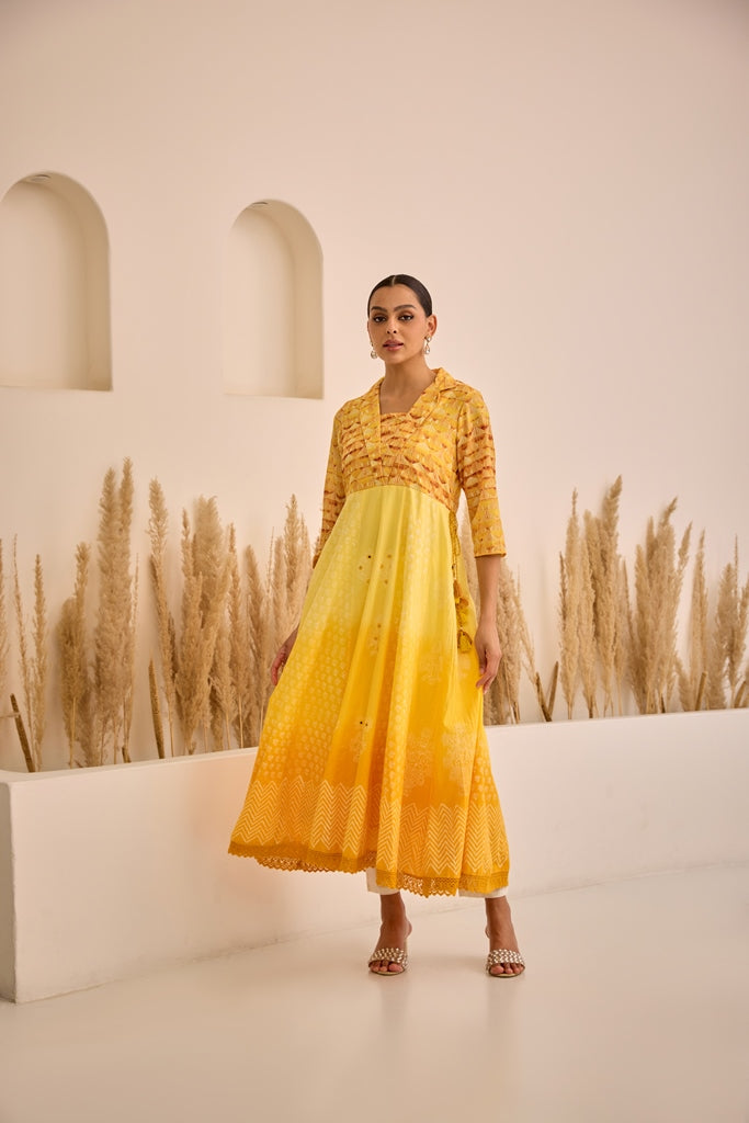 Neerus Lemon Curved Embroidered Dress