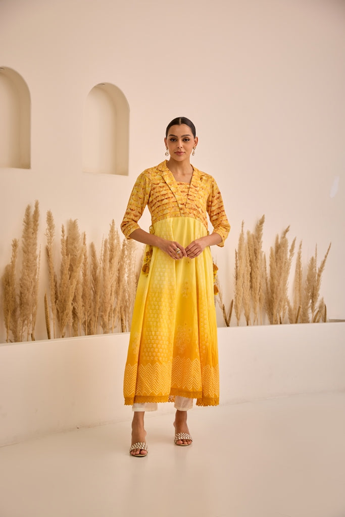 Neerus Lemon Curved Embroidered Dress