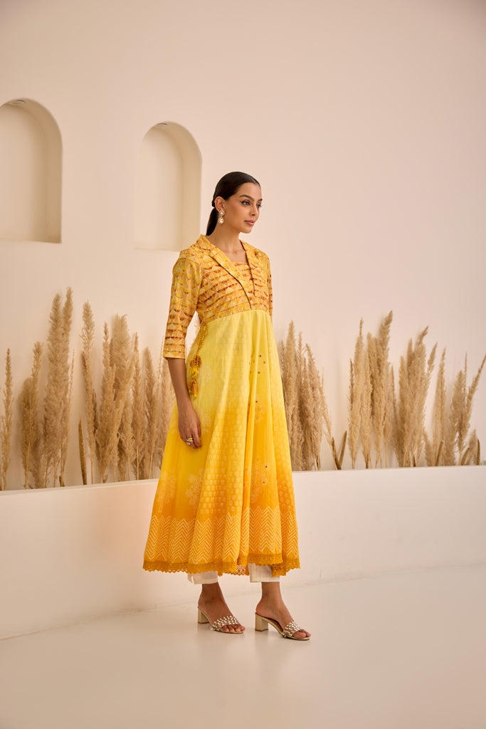 Neerus Lemon Curved Embroidered Dress