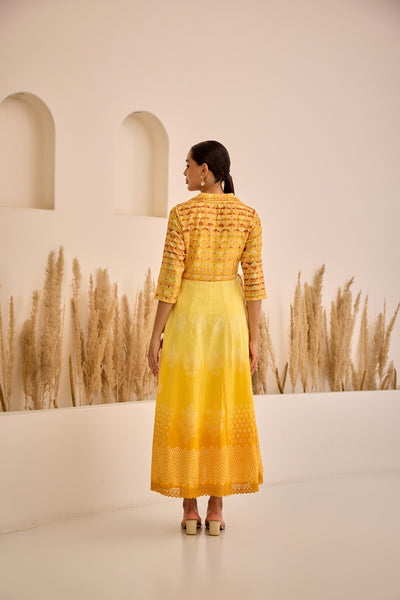 Neerus Lemon Curved Embroidered Dress