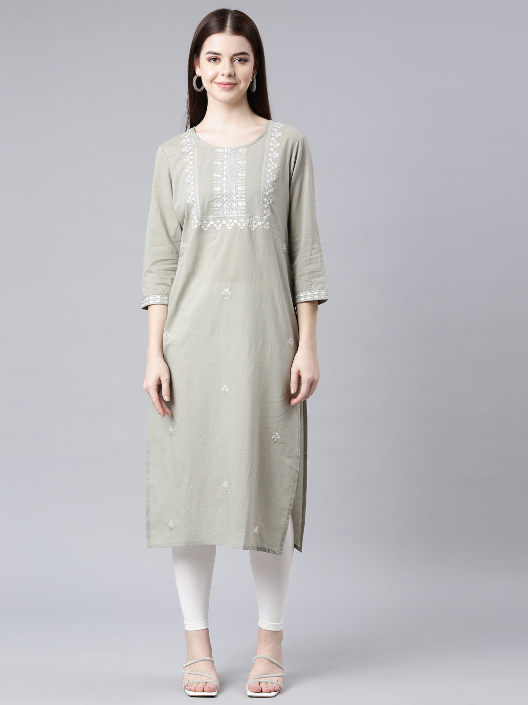 Neerus Grey Straight Casual Floral Straight Kurtas