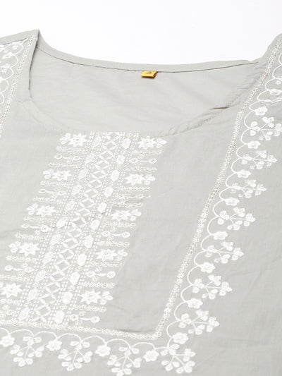 Neerus Grey Straight Casual Floral Straight Kurtas