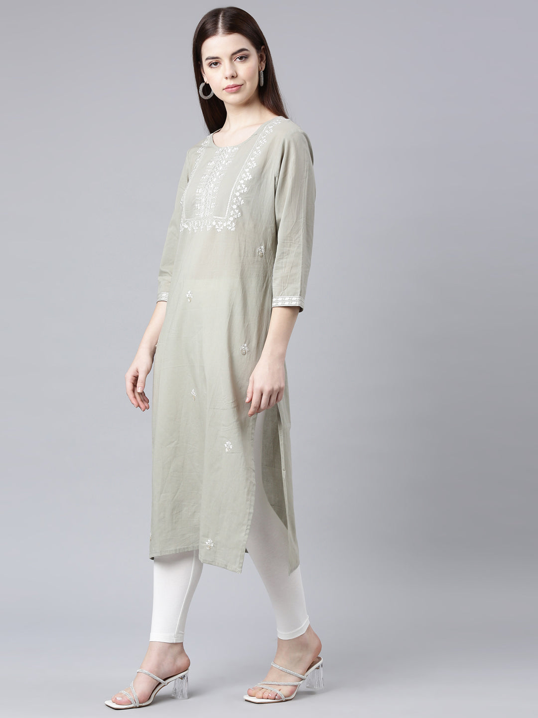 Neerus Grey Straight Casual Floral Straight Kurtas