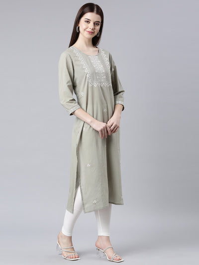 Neerus Grey Straight Casual Floral Straight Kurtas