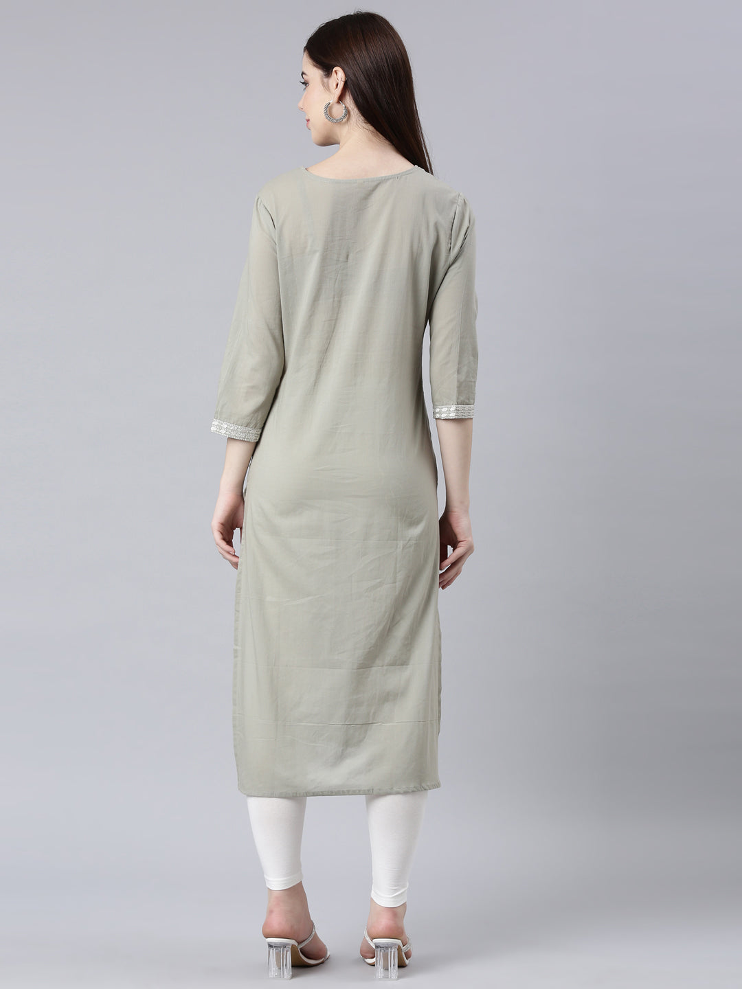 Neerus Grey Straight Casual Floral Straight Kurtas