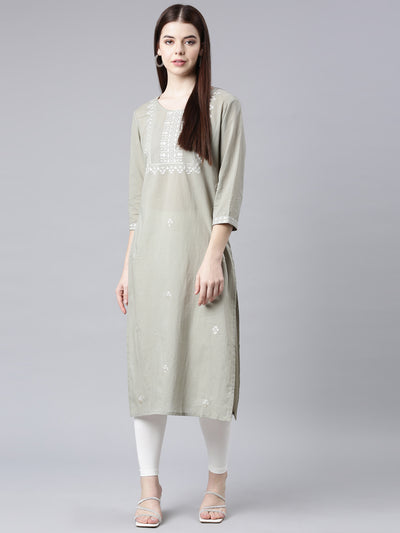 Neerus Grey Straight Casual Floral Straight Kurtas