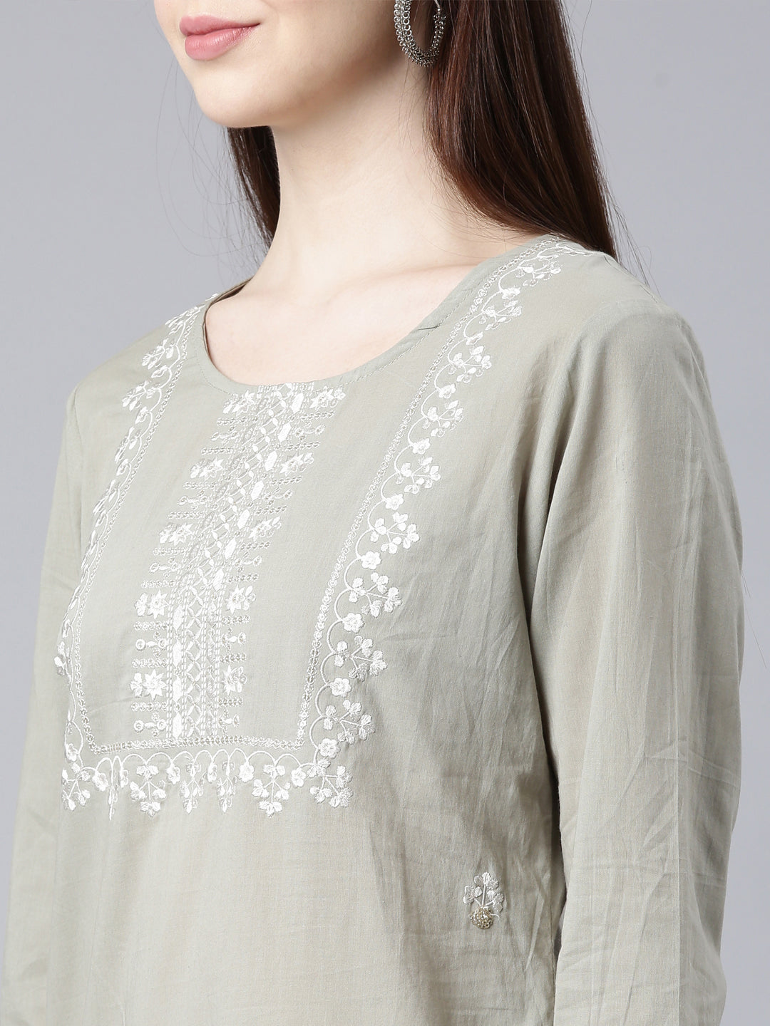 Neerus Grey Straight Casual Floral Straight Kurtas