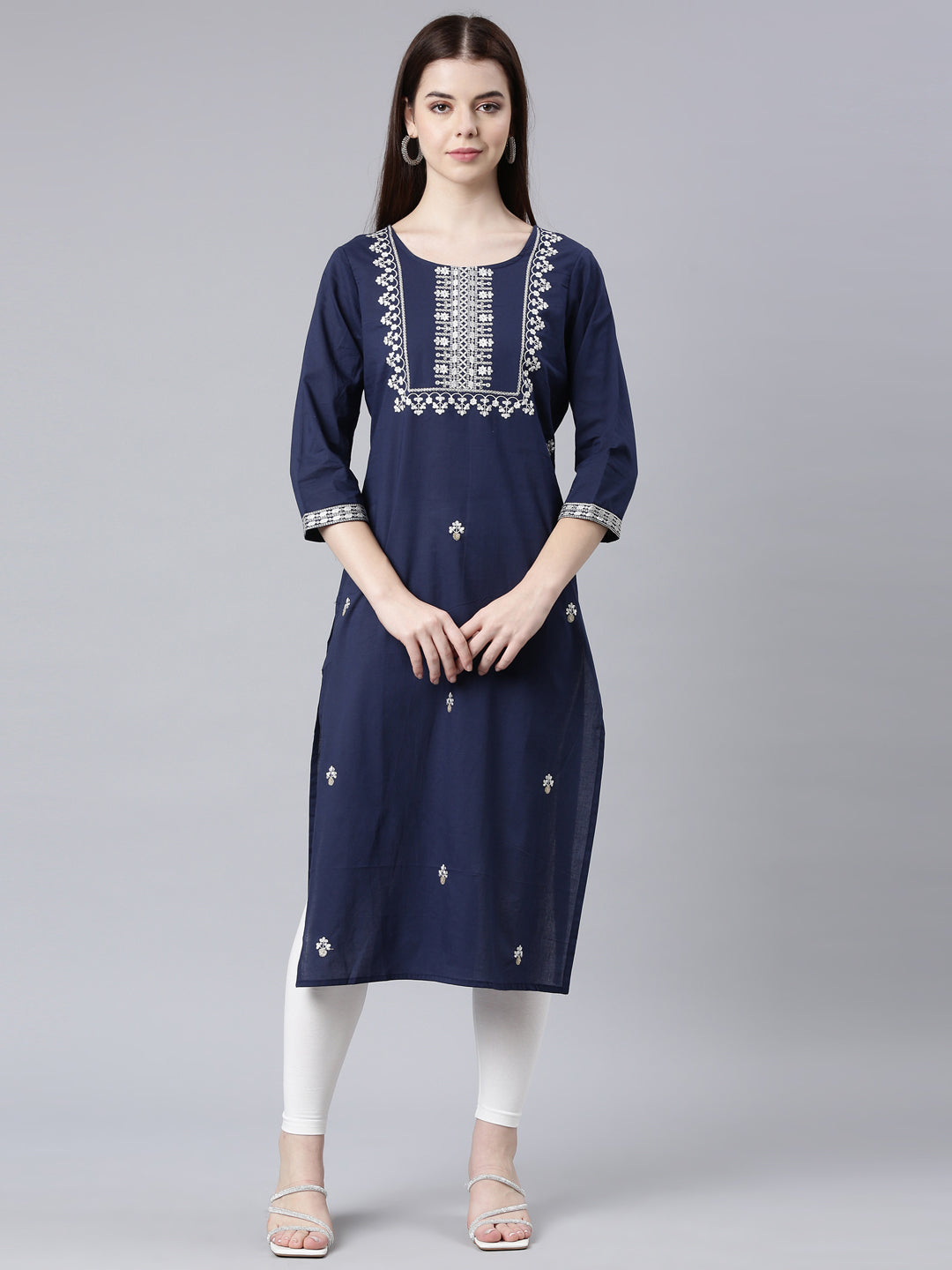 Neerus Blue Straight Casual Floral Straight Kurtas