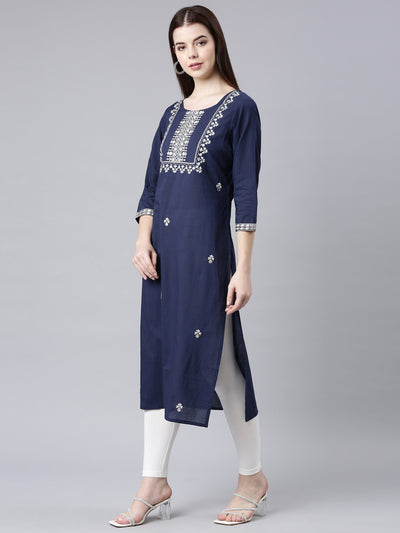 Neerus Blue Straight Casual Floral Straight Kurtas