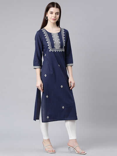 Neerus Blue Straight Casual Floral Straight Kurtas