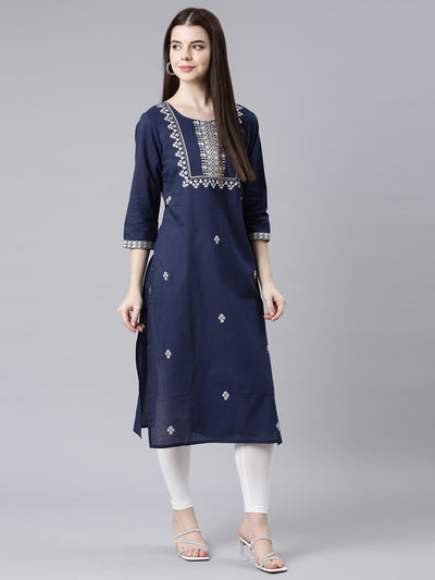 Neerus Blue Straight Casual Floral Straight Kurtas